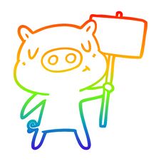 Rainbow Gradient Line Drawing Cartoon Content Pig Signpost;sign Stock Photo