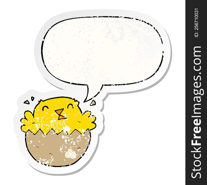 cartoon hatching chick with speech bubble distressed distressed old sticker. cartoon hatching chick with speech bubble distressed distressed old sticker