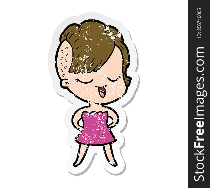 Distressed Sticker Of A Happy Cartoon Girl In Cocktail Dress