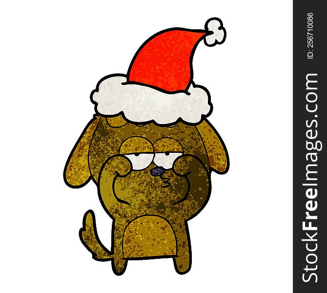 hand drawn textured cartoon of a tired dog wearing santa hat