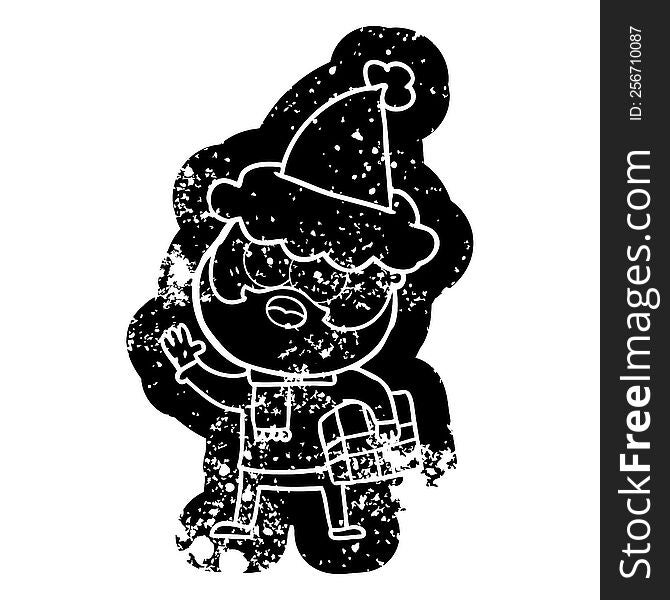 Cartoon Distressed Icon Of A Bearded Man With Present Wearing Santa Hat