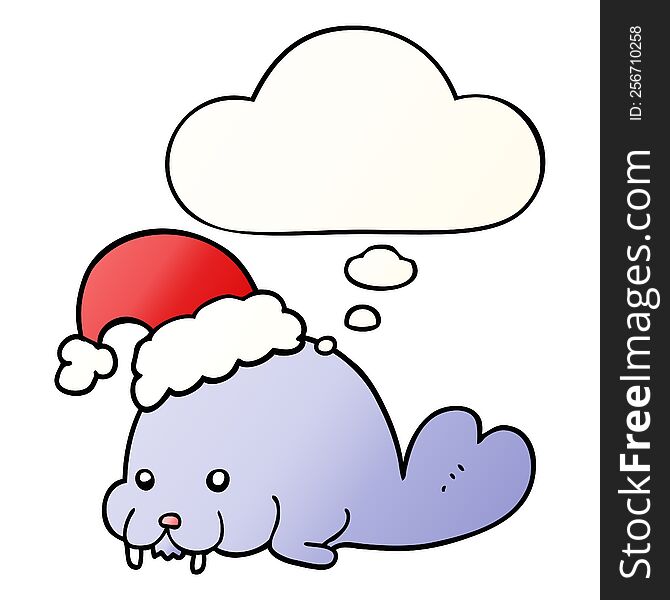 Cartoon Christmas Walrus And Thought Bubble In Smooth Gradient Style