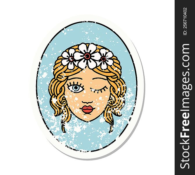 Traditional Distressed Sticker Tattoo Of A Maiden With Crown Of Flowers Winking