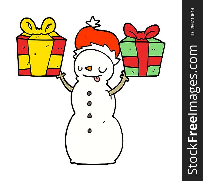 cartoon snowman with present