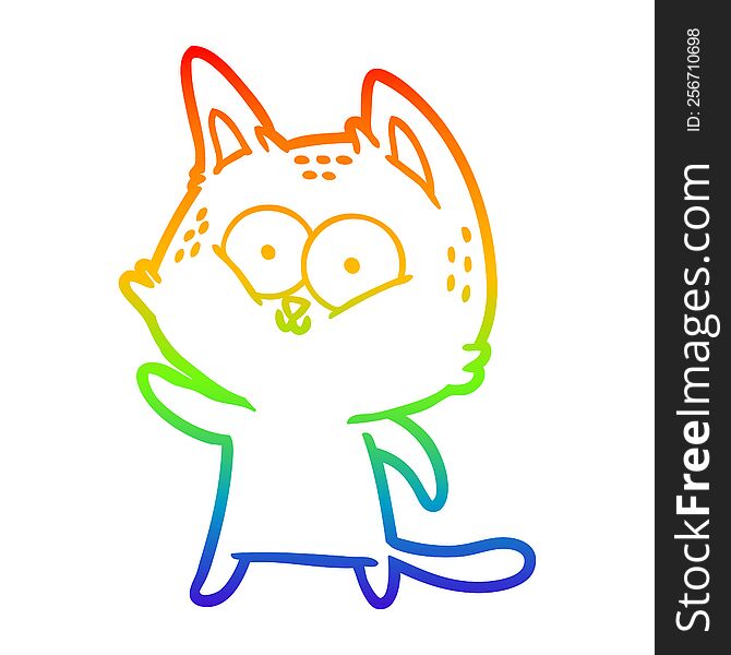 Rainbow Gradient Line Drawing Cartoon Cat Waving