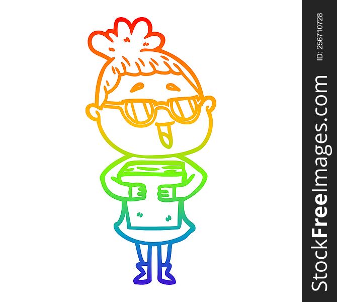 Rainbow Gradient Line Drawing Cartoon Happy Woman Wearing Spectacles