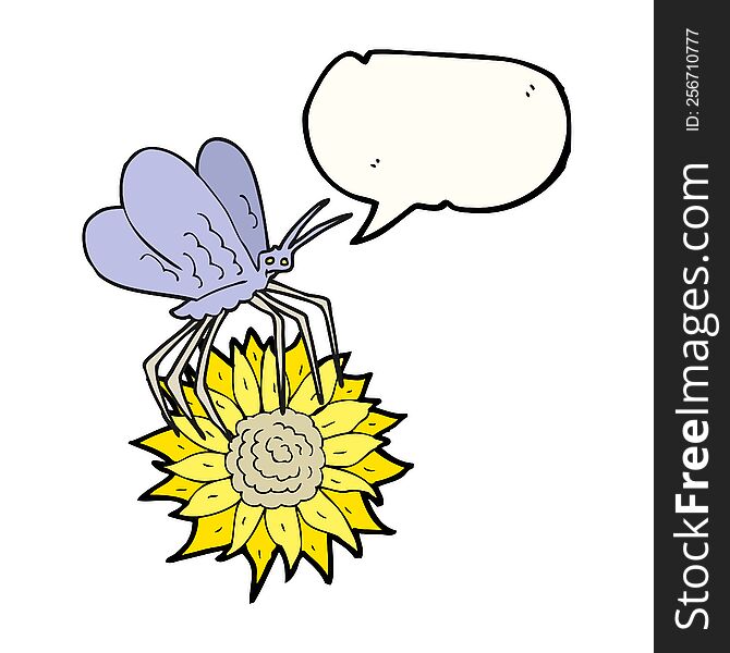 freehand drawn speech bubble cartoon butterfly on flower