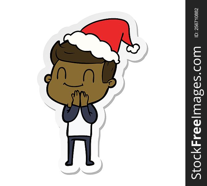 Sticker Cartoon Of A Friendly Man Wearing Santa Hat