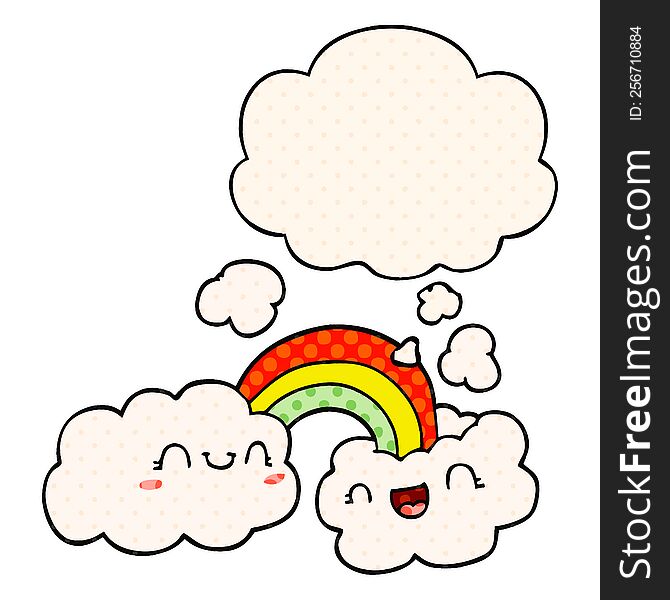 happy cartoon clouds and rainbow with thought bubble in comic book style