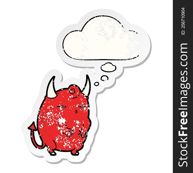 cartoon halloween devil with thought bubble as a distressed worn sticker