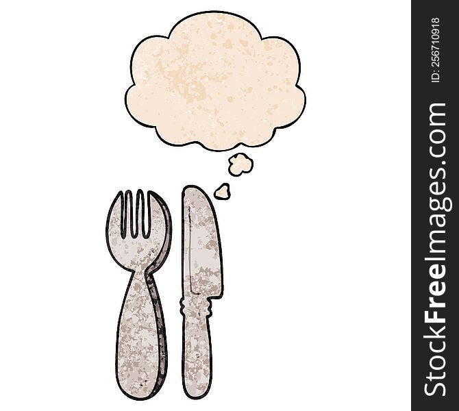 cartoon knife and fork with thought bubble in grunge texture style. cartoon knife and fork with thought bubble in grunge texture style