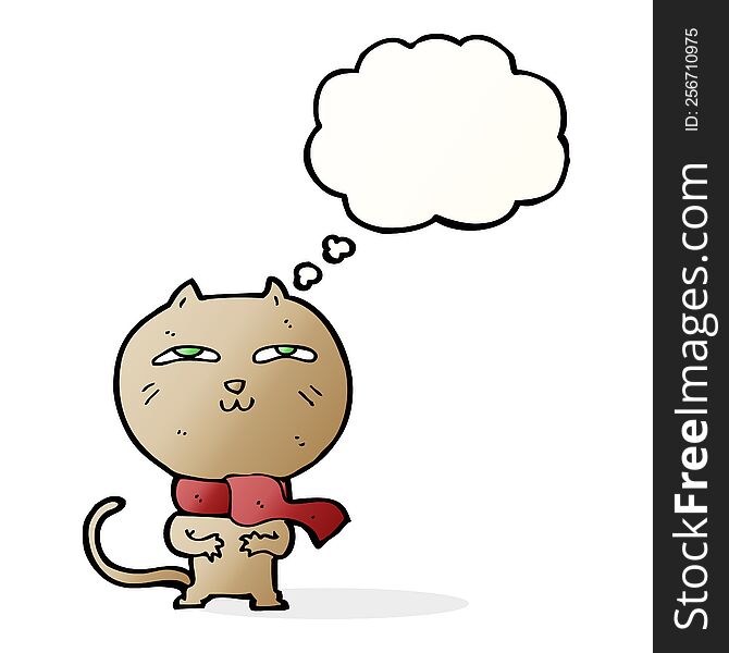 Cartoon Funny Cat Wearing Scarf With Thought Bubble