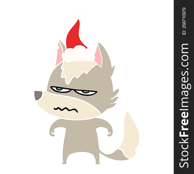 hand drawn flat color illustration of a annoyed wolf wearing santa hat