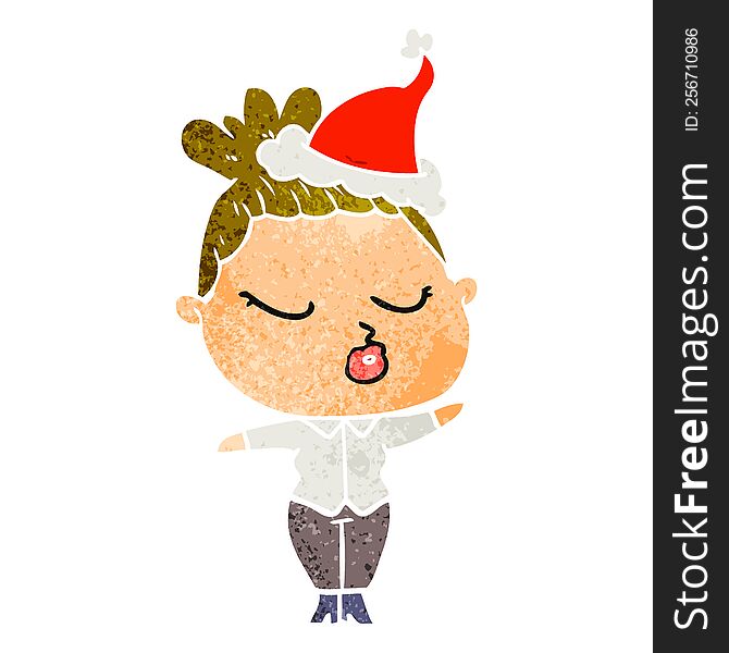 hand drawn retro cartoon of a calm woman wearing santa hat