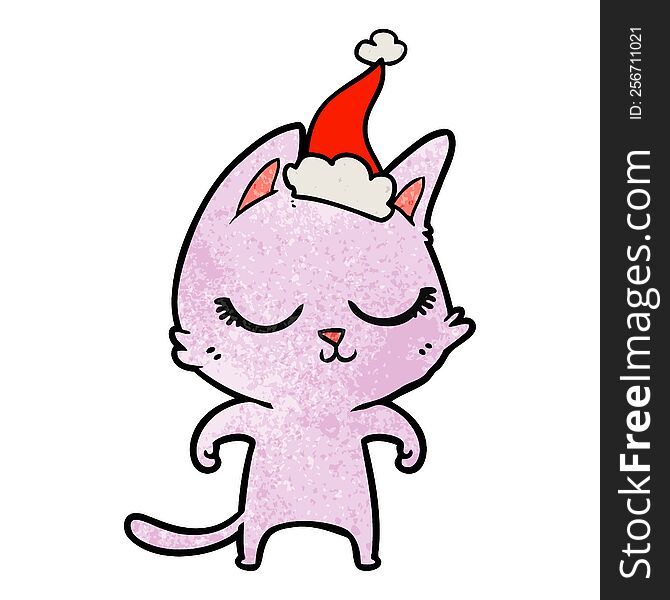 Calm Textured Cartoon Of A Cat Wearing Santa Hat