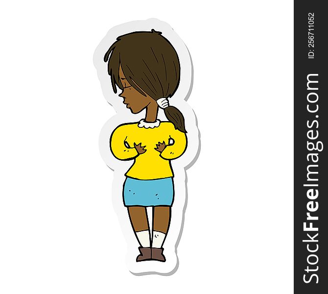 sticker of a cartoon shy woman