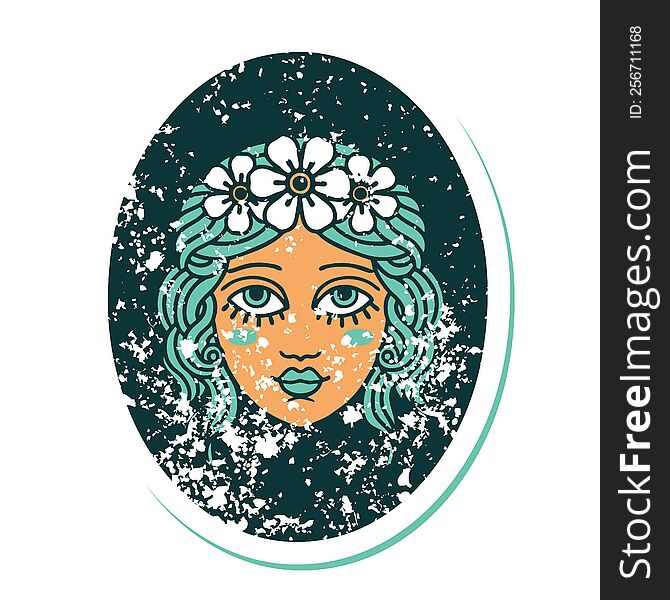iconic distressed sticker tattoo style image of a maiden with flowers in her hair. iconic distressed sticker tattoo style image of a maiden with flowers in her hair