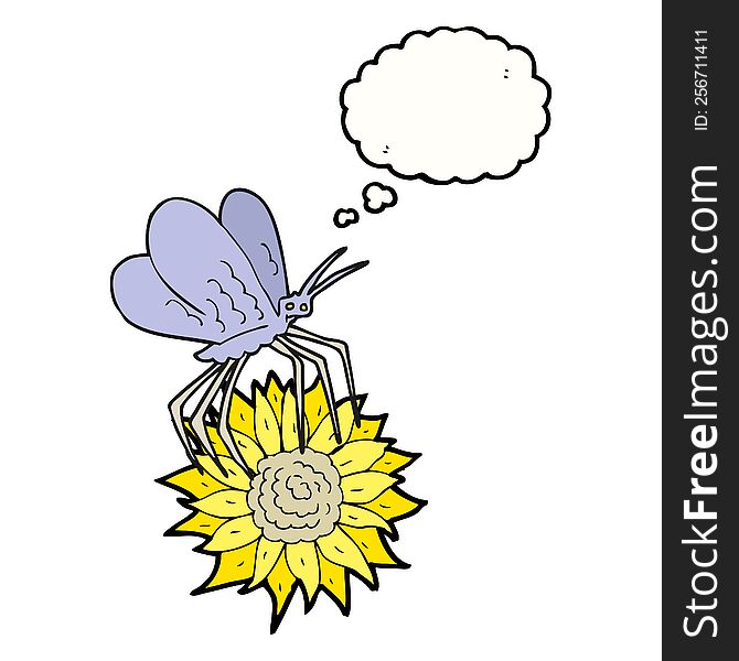 freehand drawn thought bubble cartoon butterfly on flower