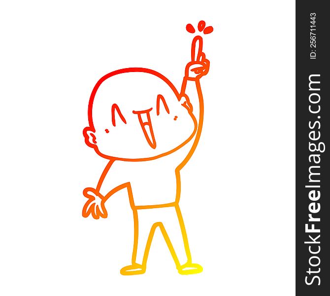 warm gradient line drawing of a happy cartoon bald man with great idea