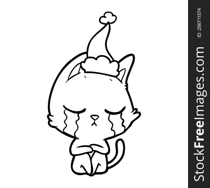 Crying Line Drawing Of A Cat Sitting Wearing Santa Hat