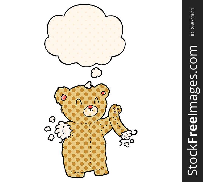 cartoon teddy bear with torn arm with thought bubble in comic book style