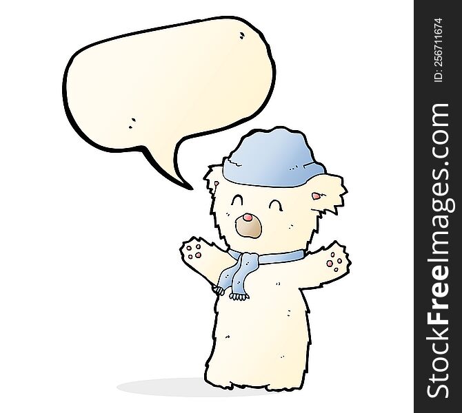 cartoon cute polar bear in hat and scarf with speech bubble