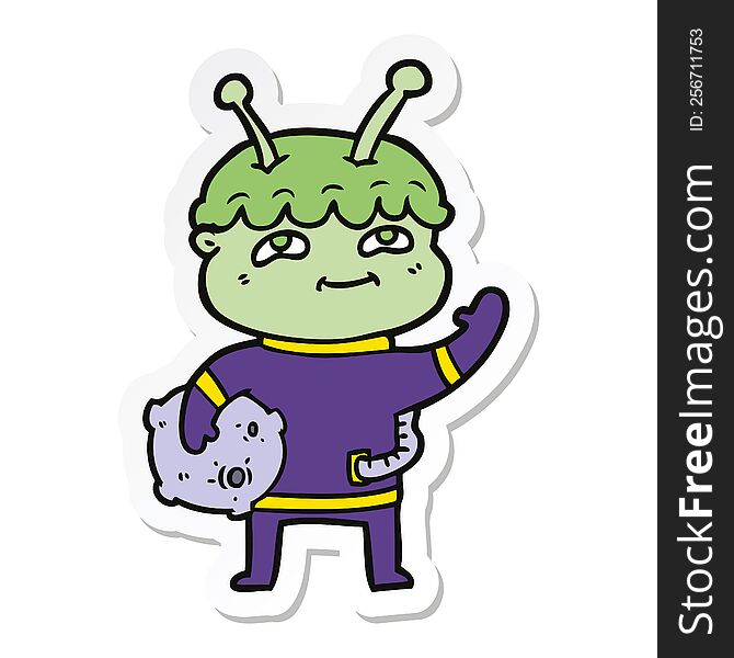 Sticker Of A Friendly Cartoon Spaceman Waving