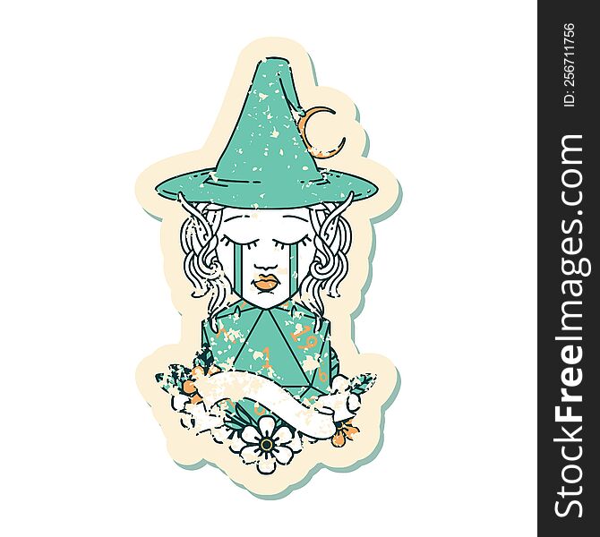 Retro Tattoo Style crying elf mage character face with natural one D20 roll. Retro Tattoo Style crying elf mage character face with natural one D20 roll