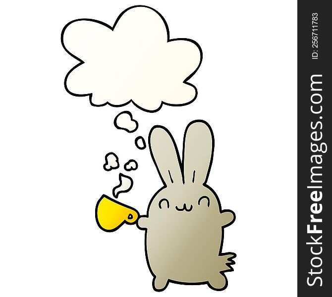 cute cartoon rabbit drinking coffee with thought bubble in smooth gradient style