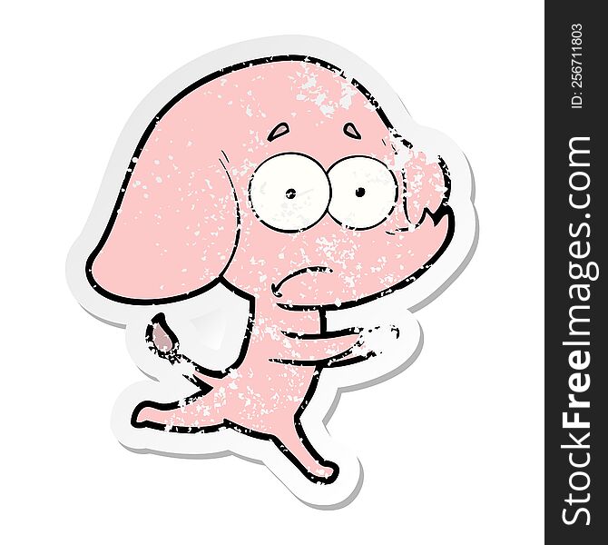 Distressed Sticker Of A Cartoon Unsure Elephant Running Away