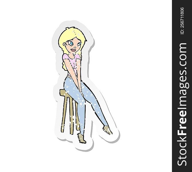 retro distressed sticker of a cartoon pretty girl on stool