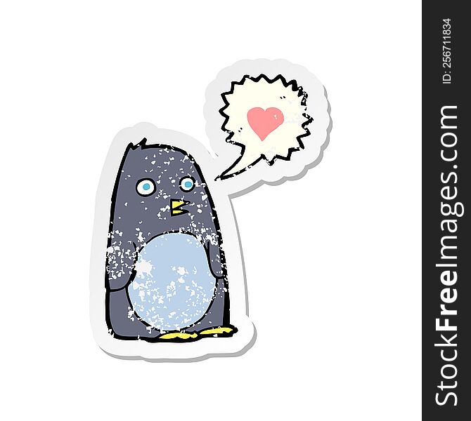Retro Distressed Sticker Of A Cartoon Penguin With Love Heart