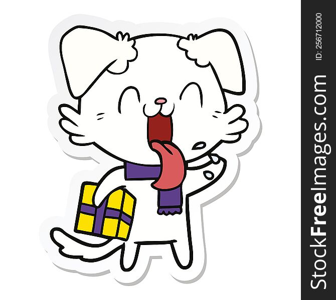 sticker of a cartoon panting dog with present