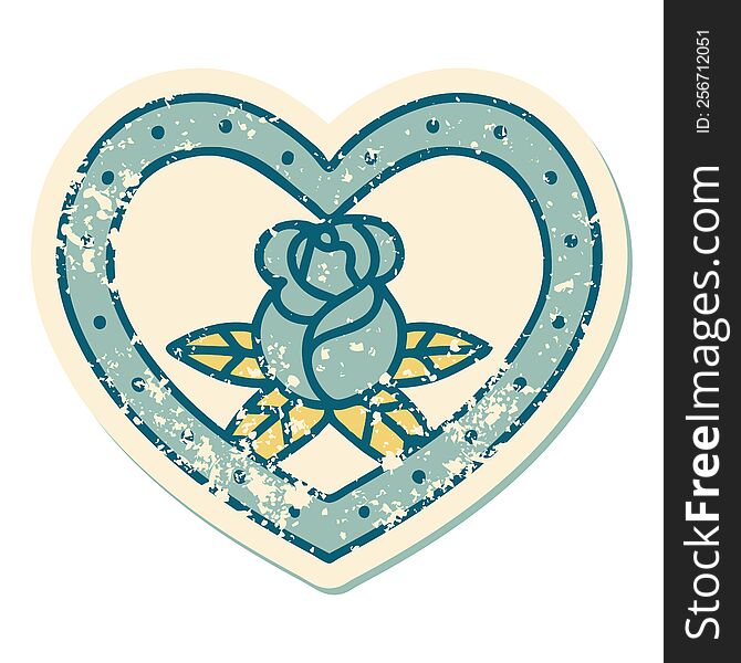 iconic distressed sticker tattoo style image of a heart and flowers. iconic distressed sticker tattoo style image of a heart and flowers