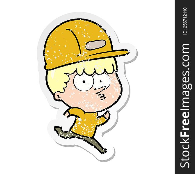 distressed sticker of a cartoon man in builders hat running