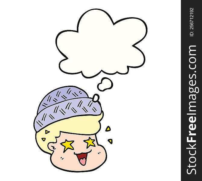cartoon boy wearing hat with thought bubble. cartoon boy wearing hat with thought bubble