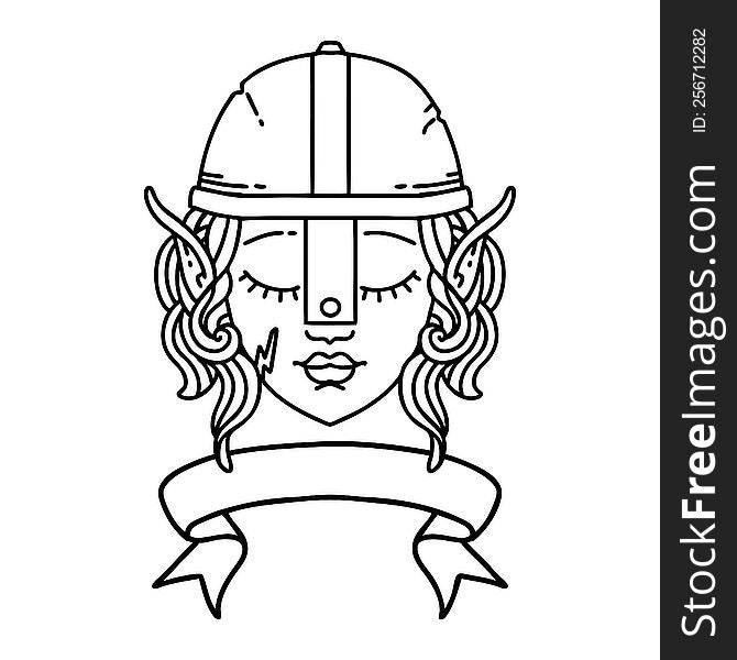 Black and White Tattoo linework Style elf fighter character face with banner. Black and White Tattoo linework Style elf fighter character face with banner
