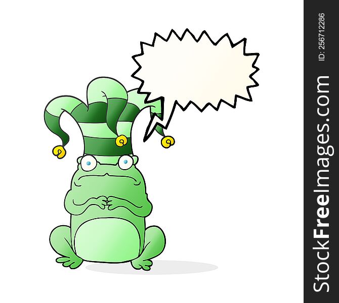 freehand drawn speech bubble cartoon frog wearing jester hat. freehand drawn speech bubble cartoon frog wearing jester hat