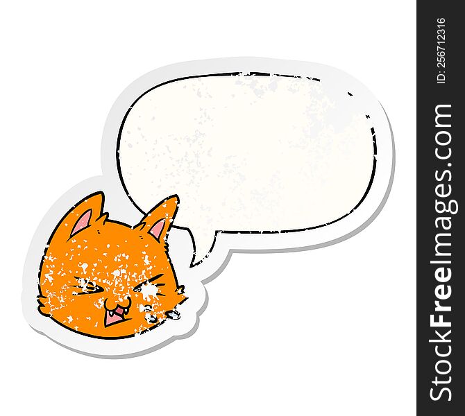 Spitting Cartoon Cat Face And Speech Bubble Distressed Sticker