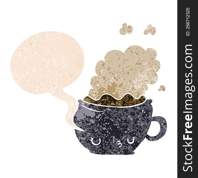 Cute Cartoon Coffee Cup And Speech Bubble In Retro Textured Style
