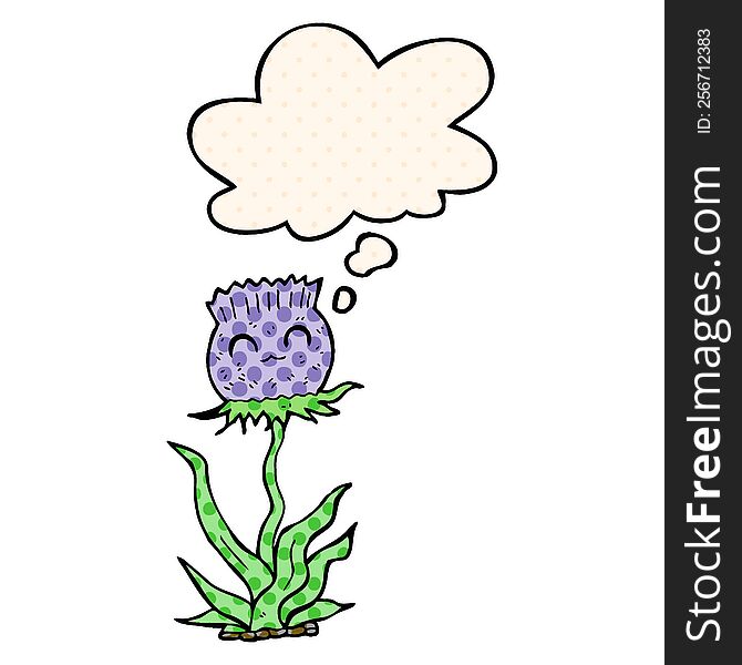 cartoon thistle with thought bubble in comic book style