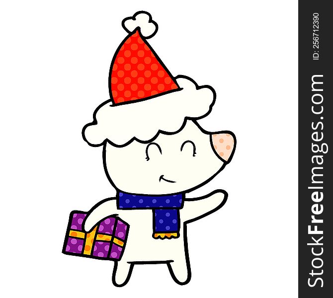 Female Polar Bear With Christmas Present Wearing Santa Hat