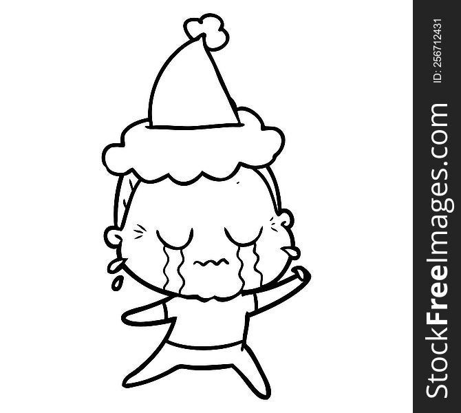hand drawn line drawing of a crying old lady wearing santa hat