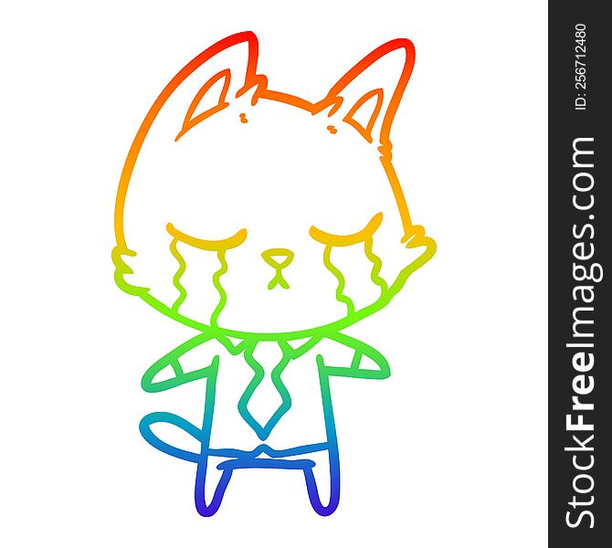 rainbow gradient line drawing of a crying cartoon office worker cat