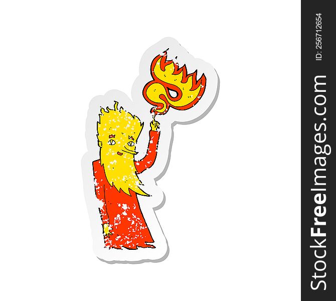 retro distressed sticker of a cartoon fire spirit