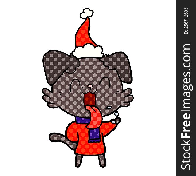 Comic Book Style Illustration Of A Panting Dog Wearing Santa Hat