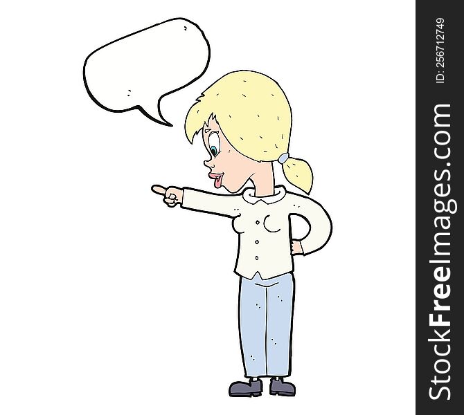 cartoon enthusiastic woman pointing with speech bubble