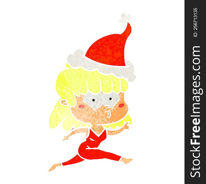 Retro Cartoon Of A Woman Running Wearing Santa Hat