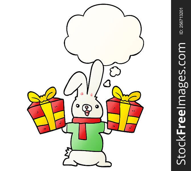 cartoon rabbit with christmas presents with thought bubble in smooth gradient style