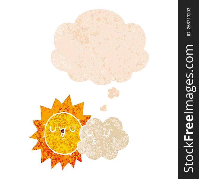 cartoon sun and cloud with thought bubble in grunge distressed retro textured style. cartoon sun and cloud with thought bubble in grunge distressed retro textured style